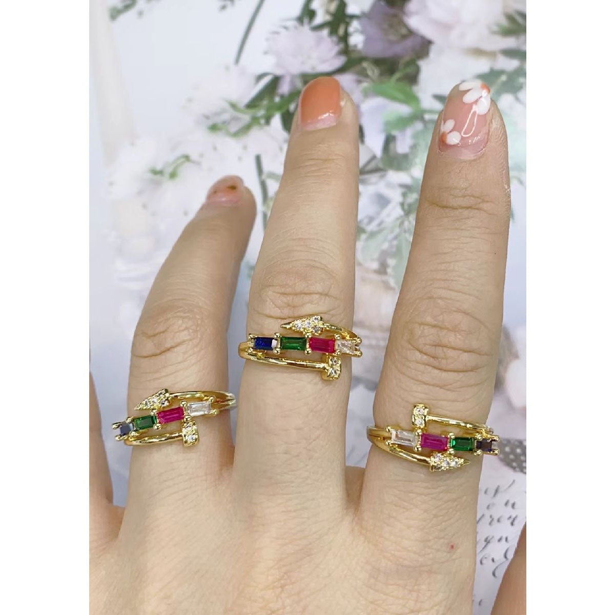 Emerald Cut CZ Rainbow Nail Multi Color Gold Free Size Ring Bulk Main image