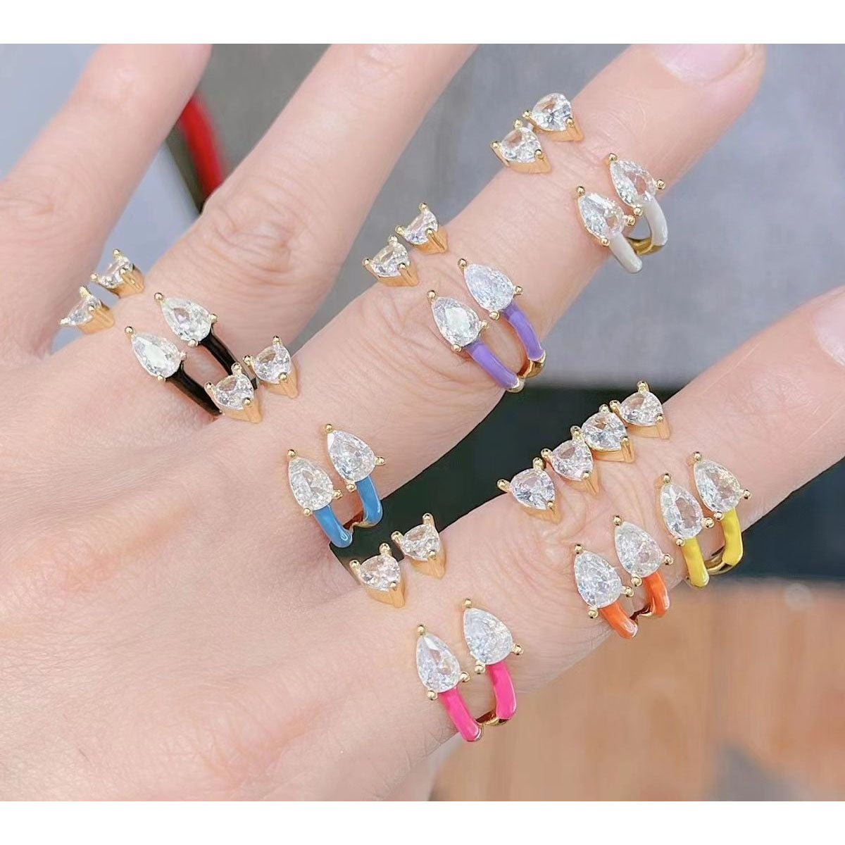 Twin Pear Black CZ Enamel 18K Gold Copper Free Size Ring Bulk