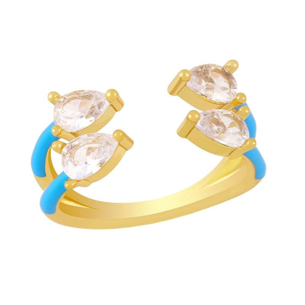 Twin Pear Black CZ Enamel 18K Gold Copper Free Size Ring Bulk