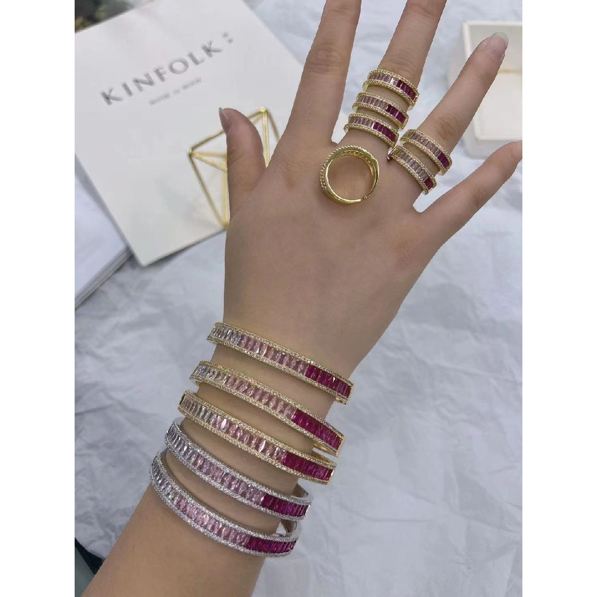 Graduating Shades Of Pink Zircon 18K Gold Copper Free Size Ring Bulk