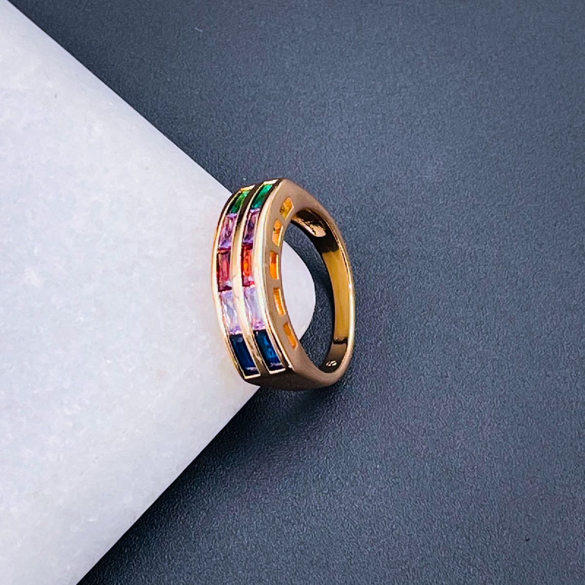 Invisible Multi Color Baguette CZ 18K Gold Copper Ring Bulk