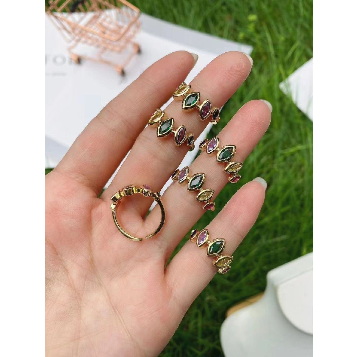 Multi Colour Oval Marquise 18K Gold Copper Free Size Ring Women Bulk