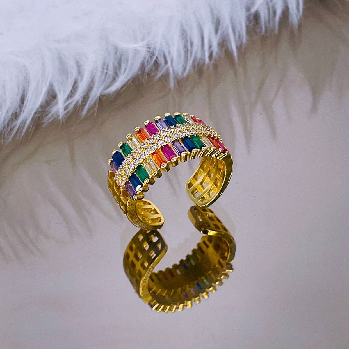 Baguette Rainbow Multi Colour CZ 18K Gold Copper Open Back Ring Bulk