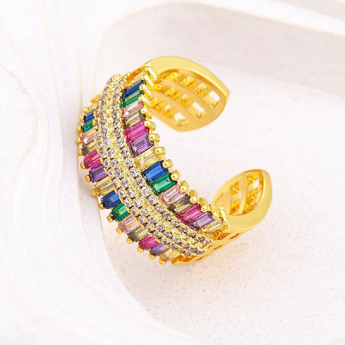 Baguette Rainbow Multi Colour CZ 18K Gold Copper Open Back Ring Bulk