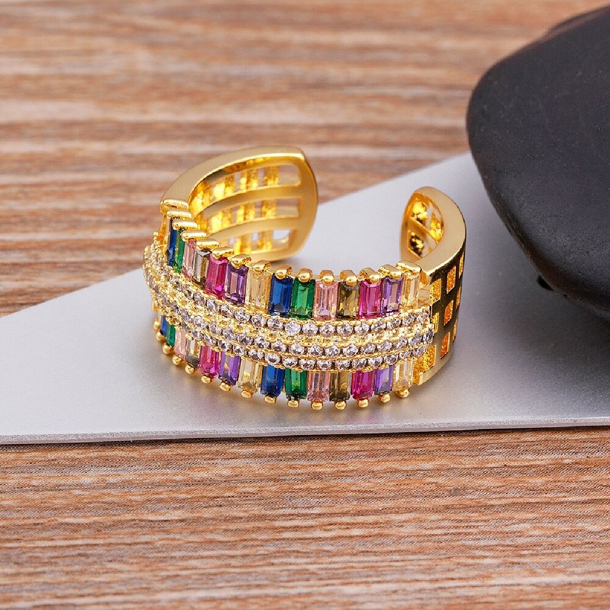 Baguette Rainbow Multi Colour CZ 18K Gold Copper Open Back Ring Bulk