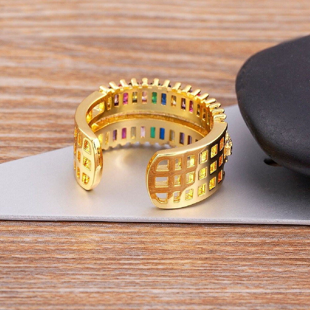 Baguette Rainbow Multi Colour CZ 18K Gold Copper Open Back Ring Bulk