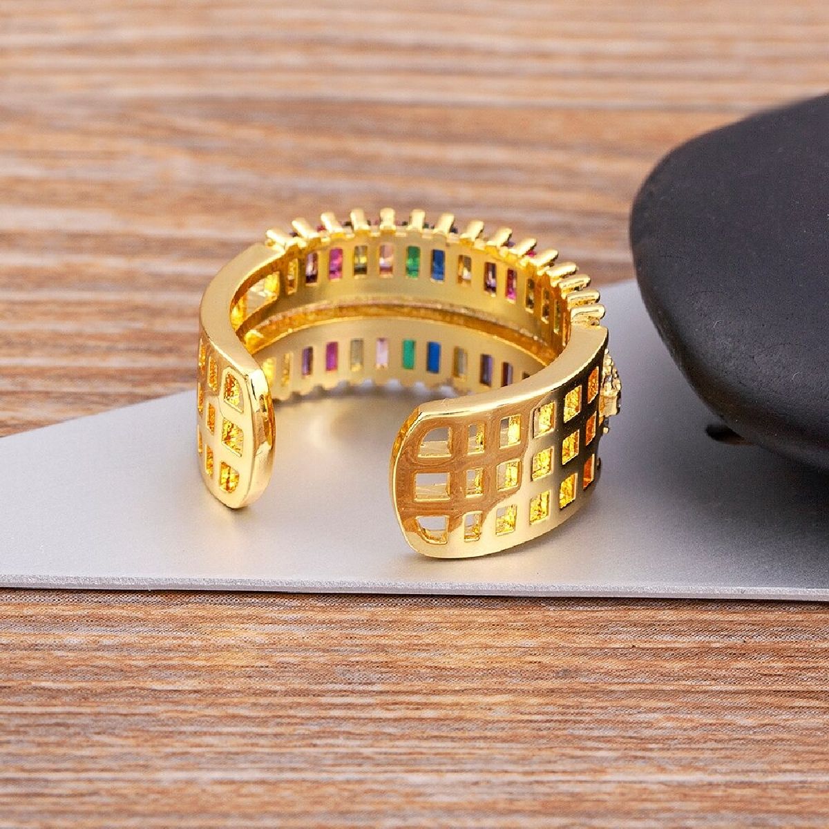 Baguette Rainbow Multi Colour CZ 18K Gold Copper Open Back Ring Bulk