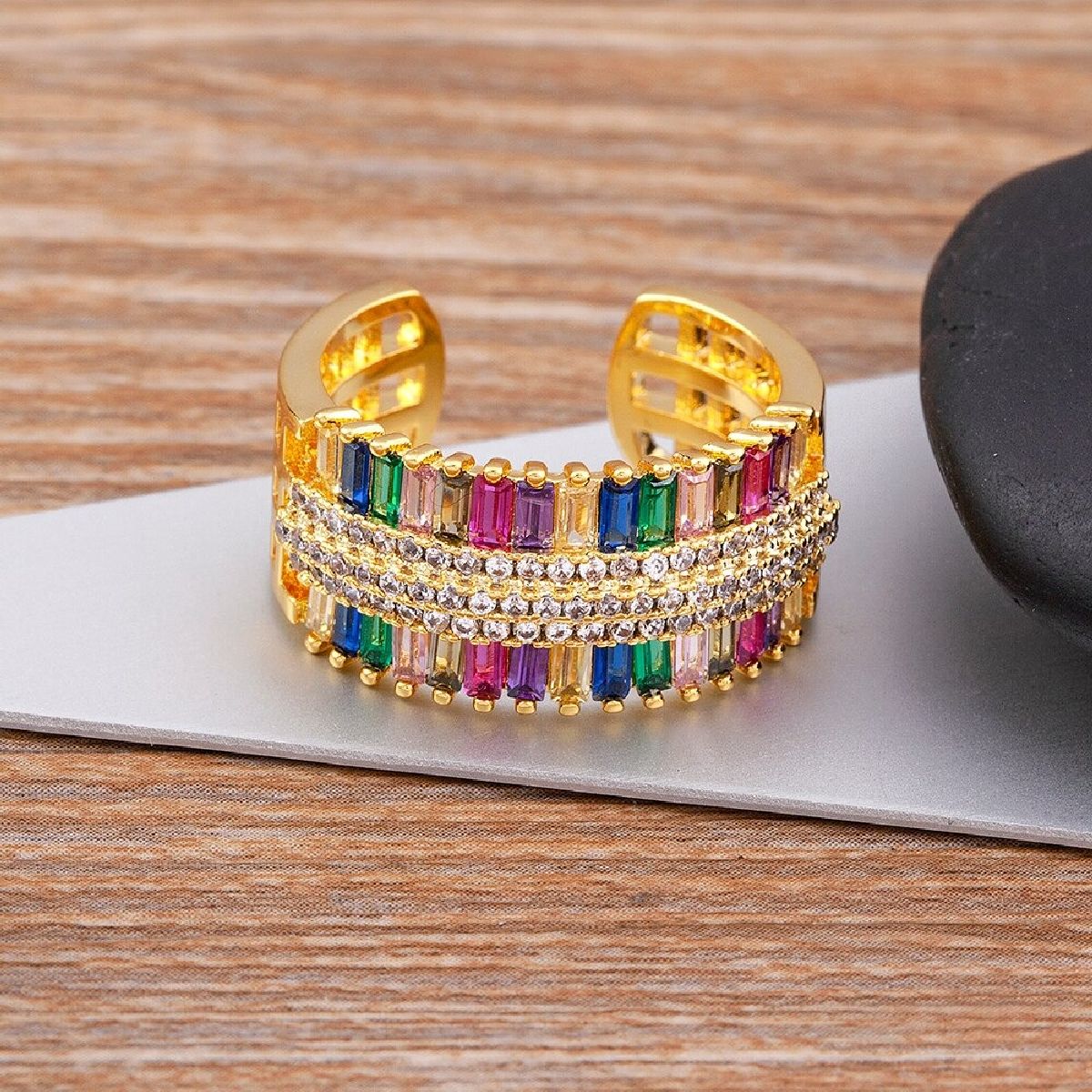 Baguette Rainbow Multi Colour CZ 18K Gold Copper Open Back Ring Bulk