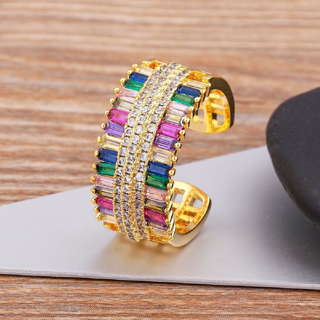 Baguette Rainbow Multi Colour CZ 18K Gold Copper Open Back Ring Bulk