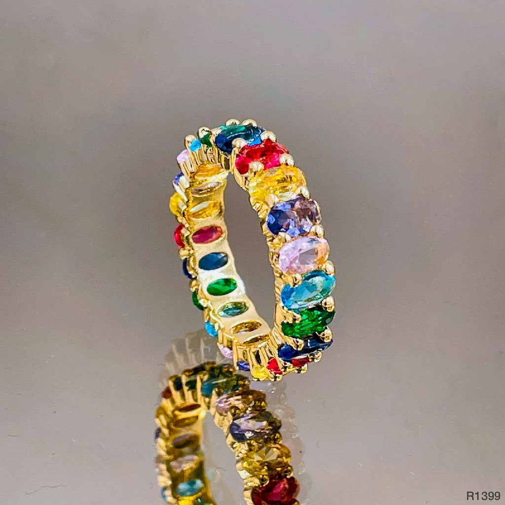 Oval Rainbow Multi Color Cubic Zirconia Gold Eternity Band Ring Bulk