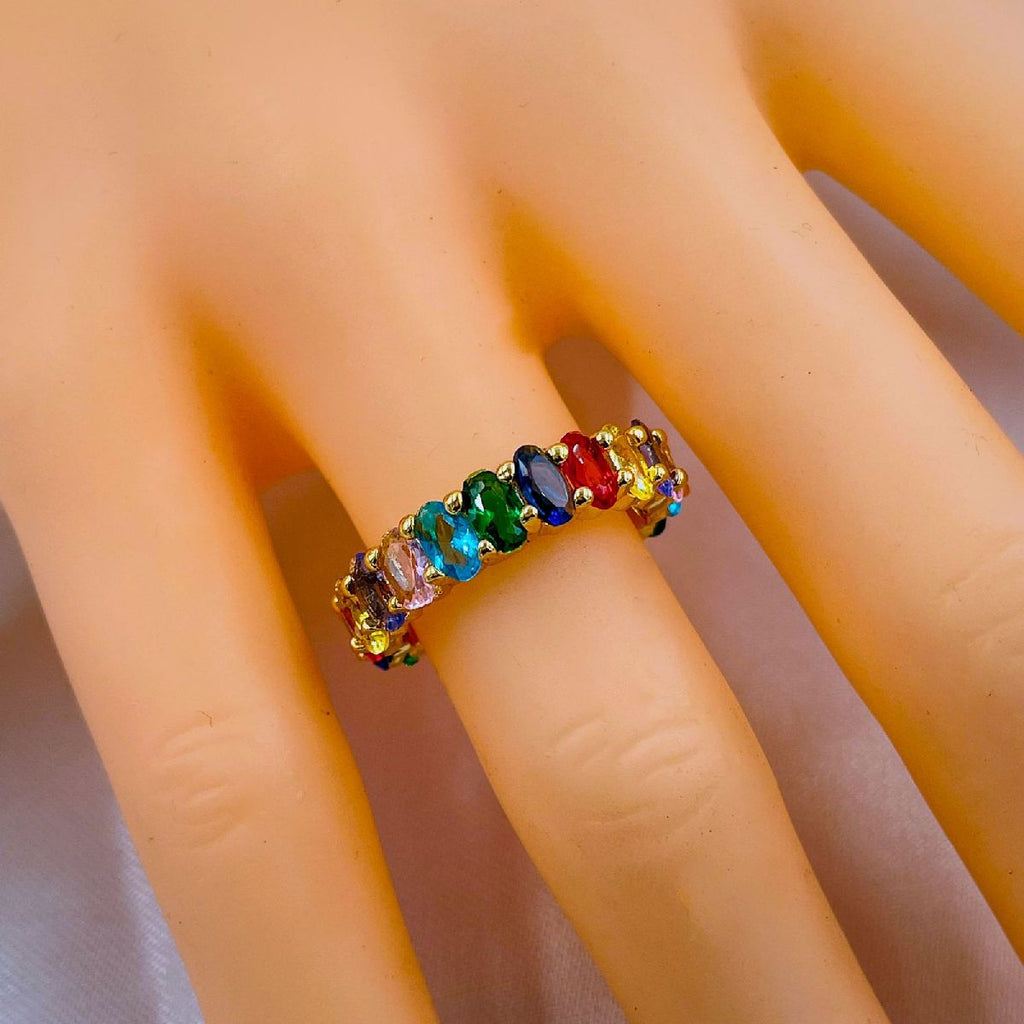 Oval Rainbow Multi Color Cubic Zirconia Gold Eternity Band Ring Bulk