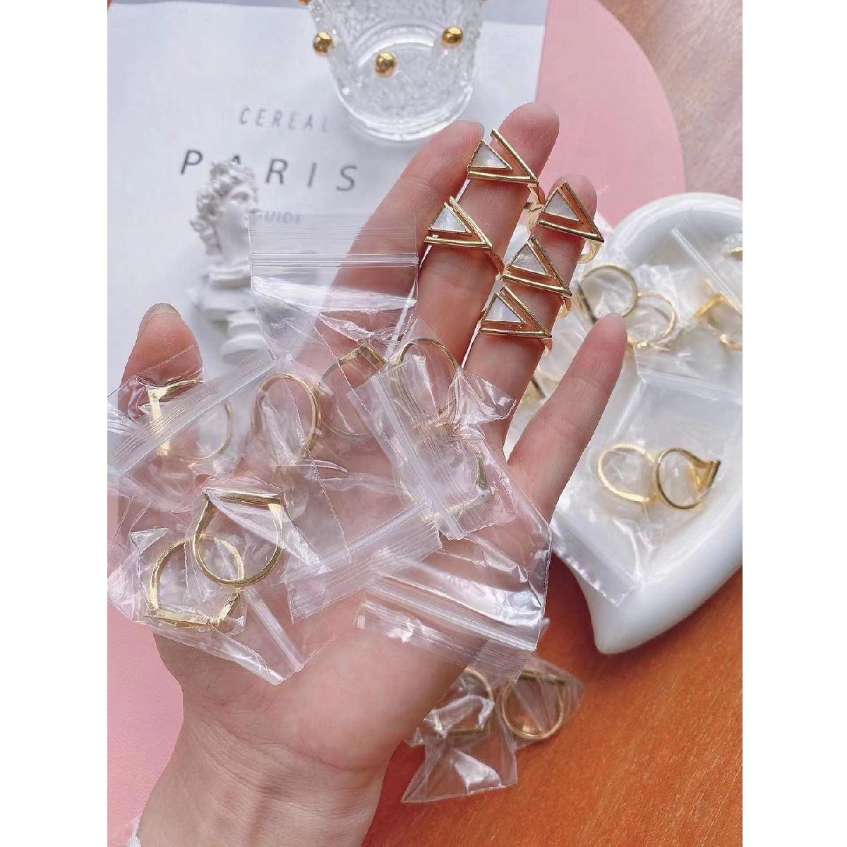 Shell Mother Of Pearl Geometric 18K Gold Copper Free Size Ring Bulk