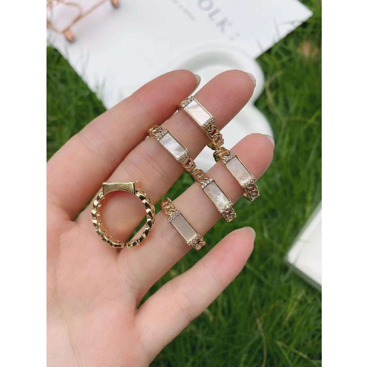 Shell Mother Of Pearl Geometric Curb Gold Copper Free Size Ring Bulk Main image