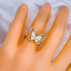 Butterfly Mother Of Pearl CZ Gold Copper Adjustable Ring Bulk