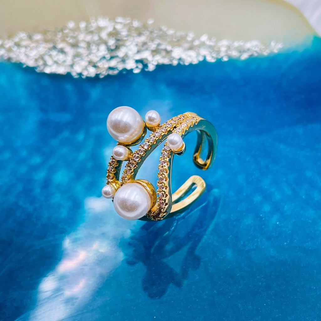 Criss Cross Pearl Cubic Zirconia 18K Gold Copper Adjustable Ring Bulk