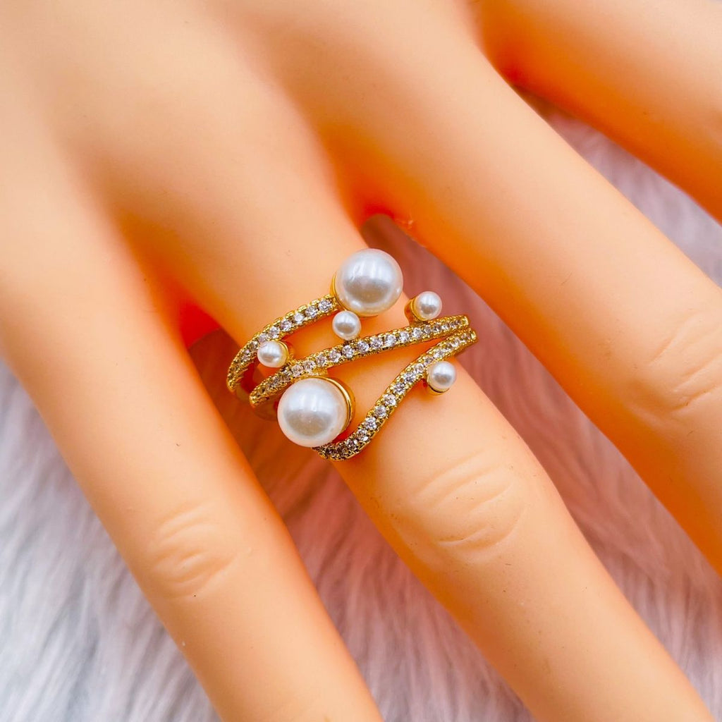 Criss Cross Pearl Cubic Zirconia 18K Gold Copper Adjustable Ring Bulk