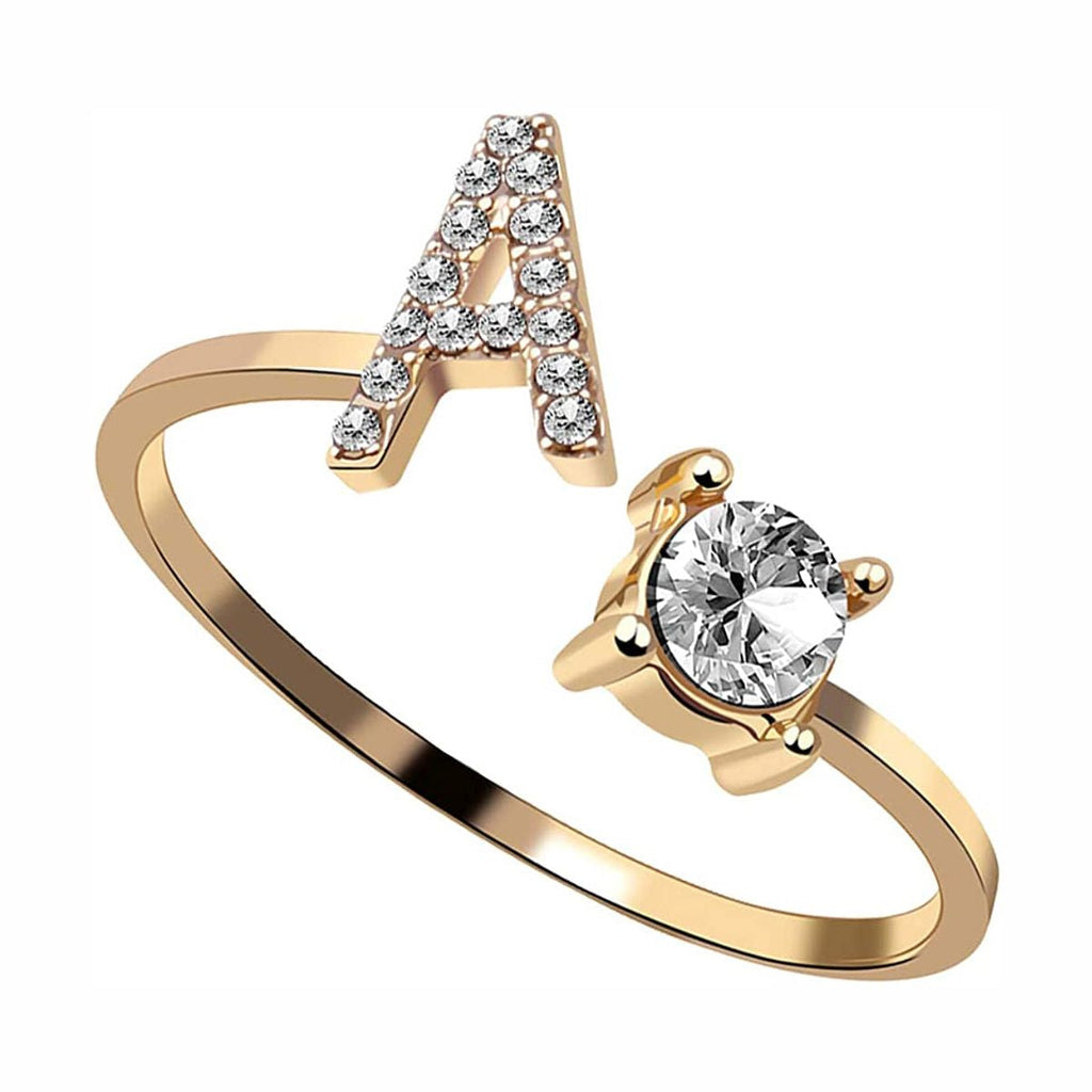 Initial Letter Cubic Zirconia Gold Copper Free Size Ring Women Bulk