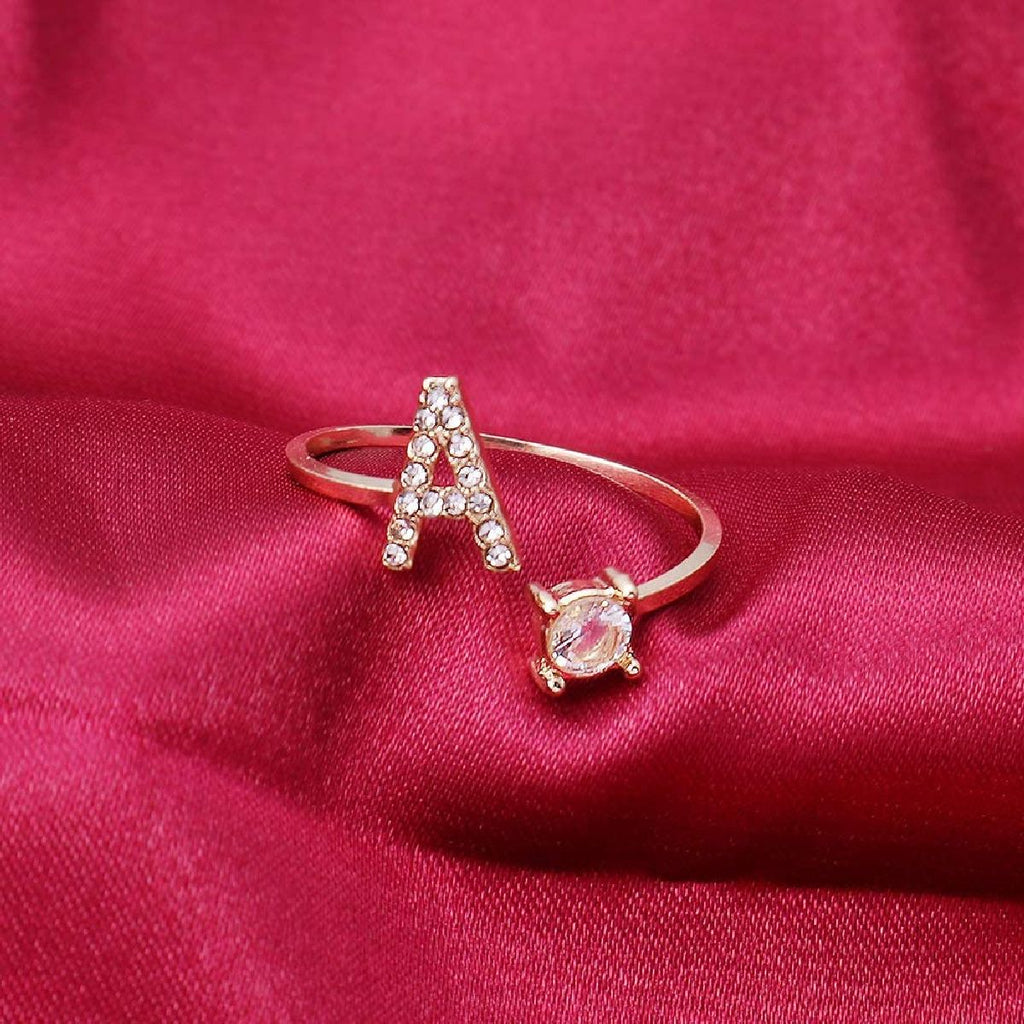 Initial Letter Cubic Zirconia Gold Copper Free Size Ring Women Bulk