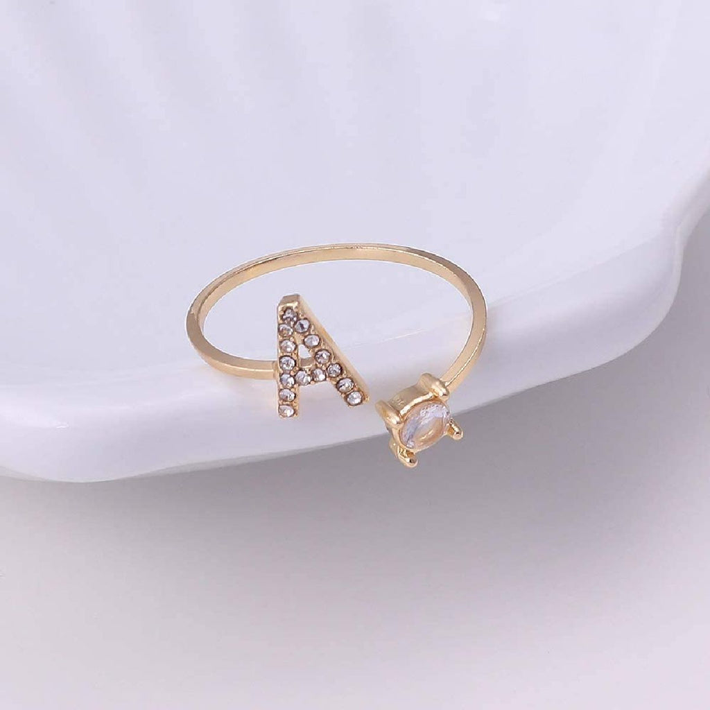 Initial Letter Cubic Zirconia Gold Copper Free Size Ring Women Bulk