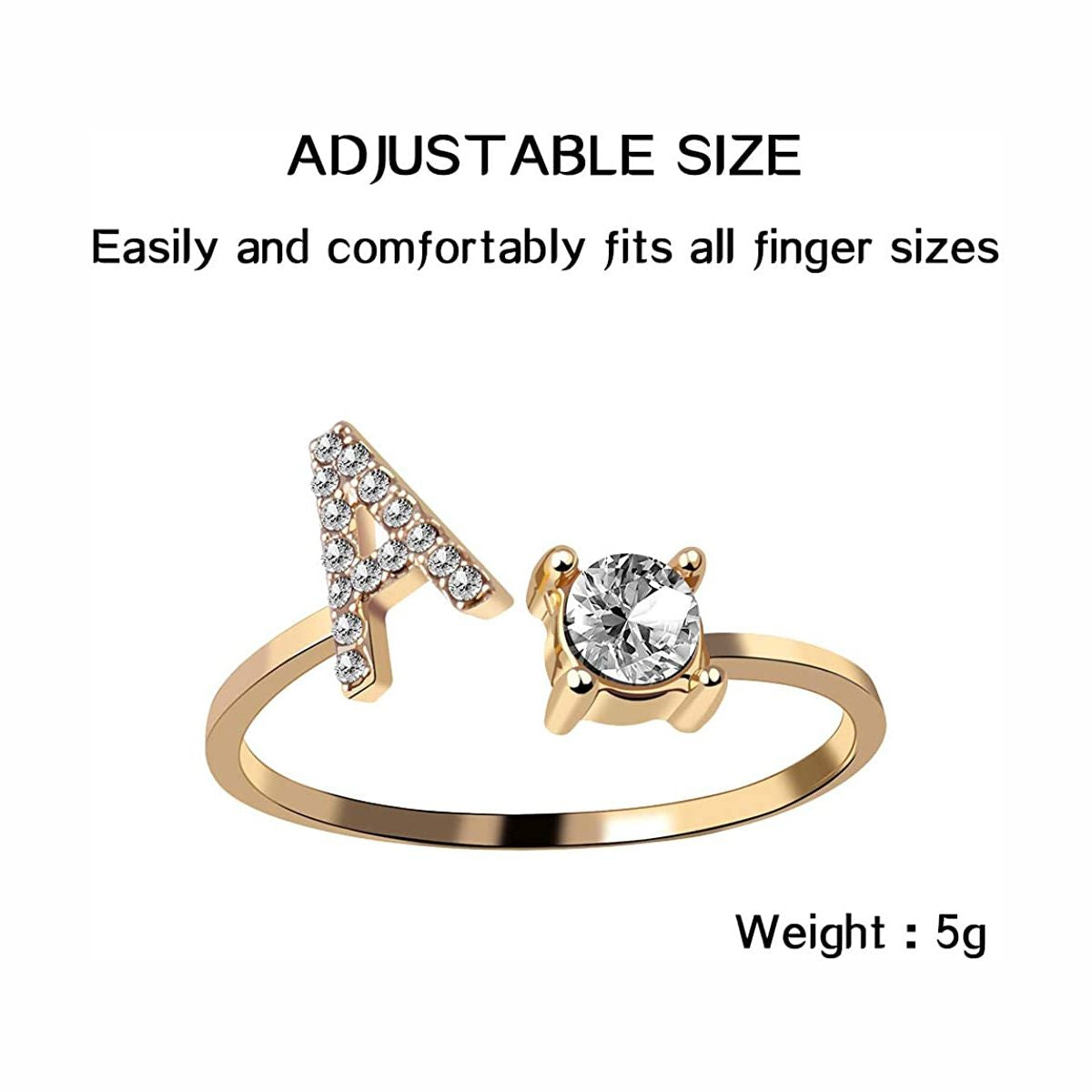 Initial Letter Cubic Zirconia Gold Copper Free Size Ring Women Bulk