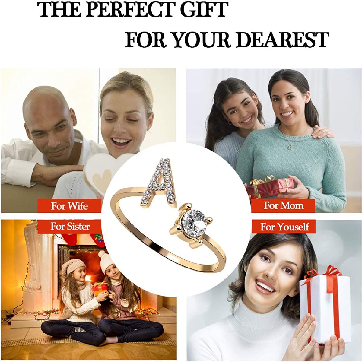 Initial Letter Cubic Zirconia Gold Copper Free Size Ring Women Bulk