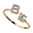 Initial Letter Cubic Zirconia Gold Copper Free Size Ring Women Bulk