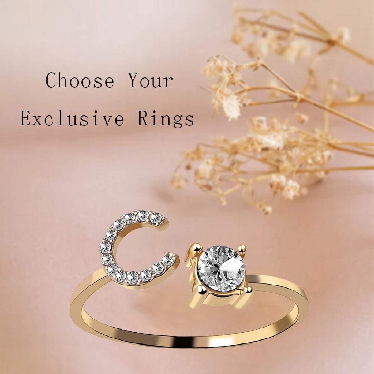 Initial Letter Cubic Zirconia Gold Copper Free Size Ring Women Bulk