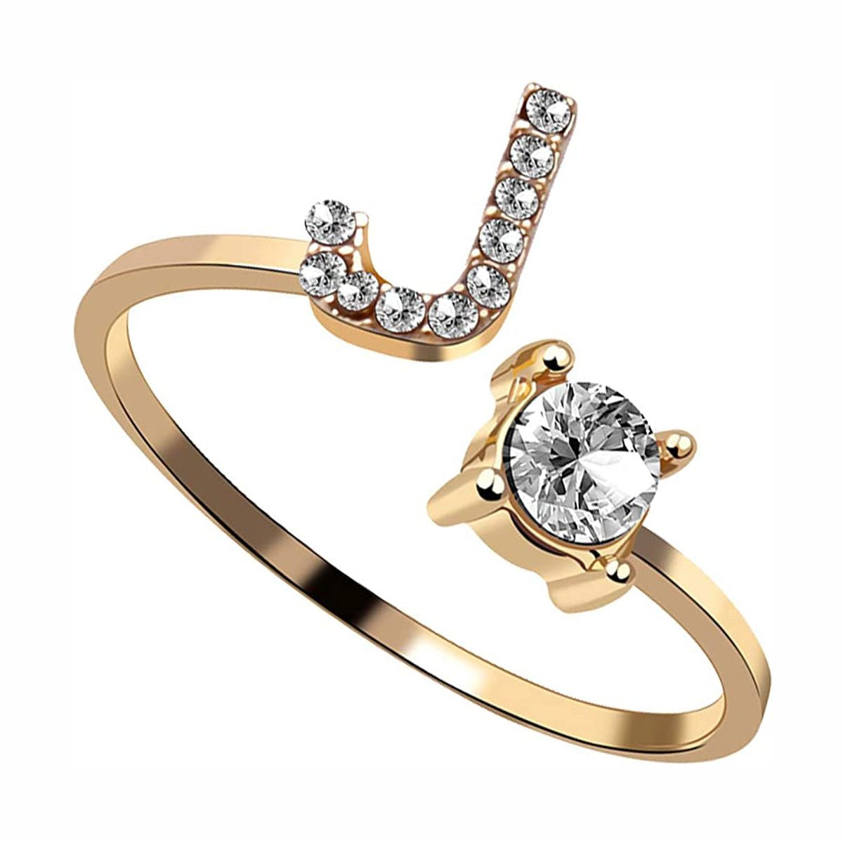 Initial Letter Cubic Zirconia Gold Copper Free Size Ring Women Bulk