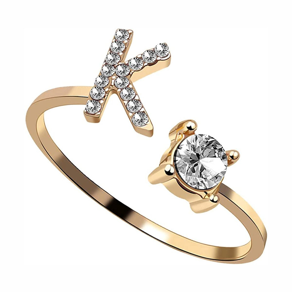 Initial Letter Cubic Zirconia Gold Copper Free Size Ring Women Bulk