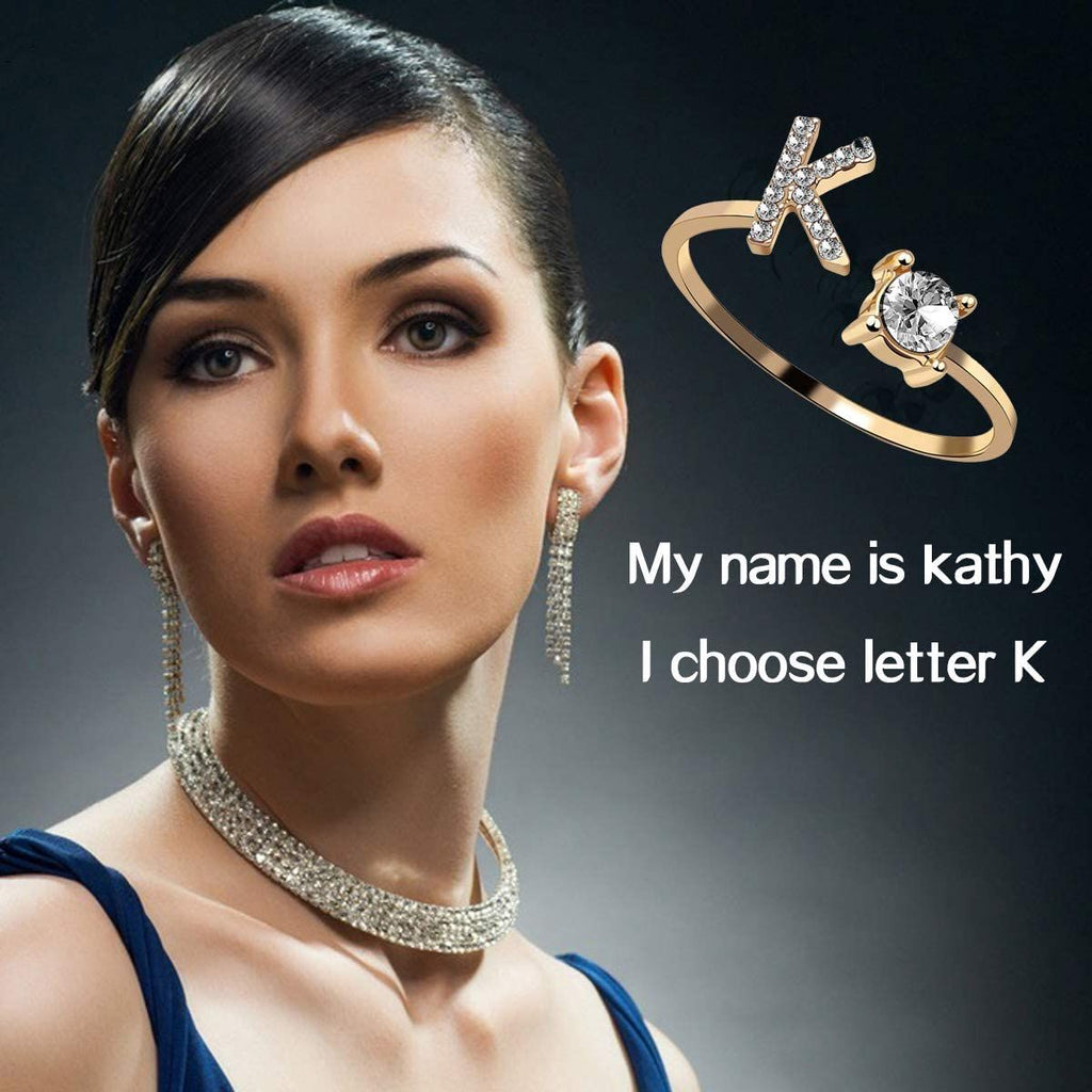 Initial Letter Cubic Zirconia Gold Copper Free Size Ring Women Bulk