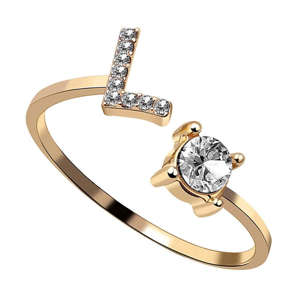 Initial Letter Cubic Zirconia Gold Copper Free Size Ring Women Bulk