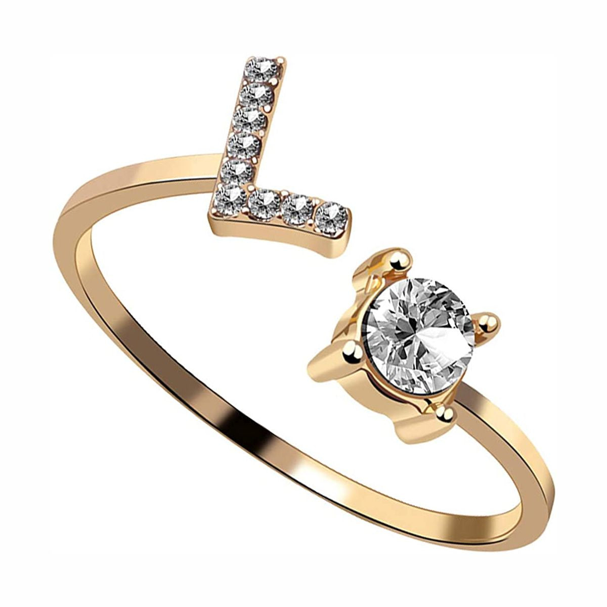 Initial Letter Cubic Zirconia Gold Copper Free Size Ring Women Bulk