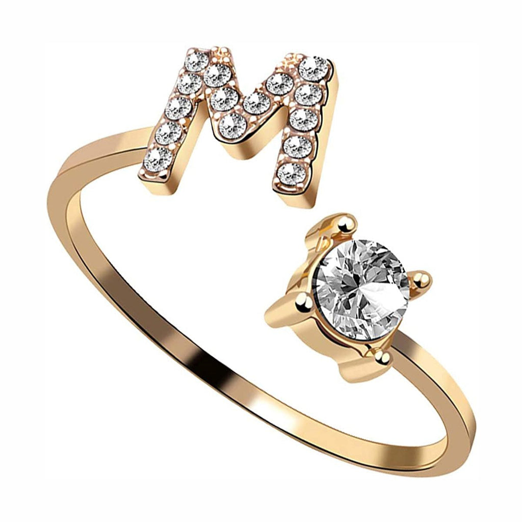 Initial Letter Cubic Zirconia Gold Copper Free Size Ring Women Bulk