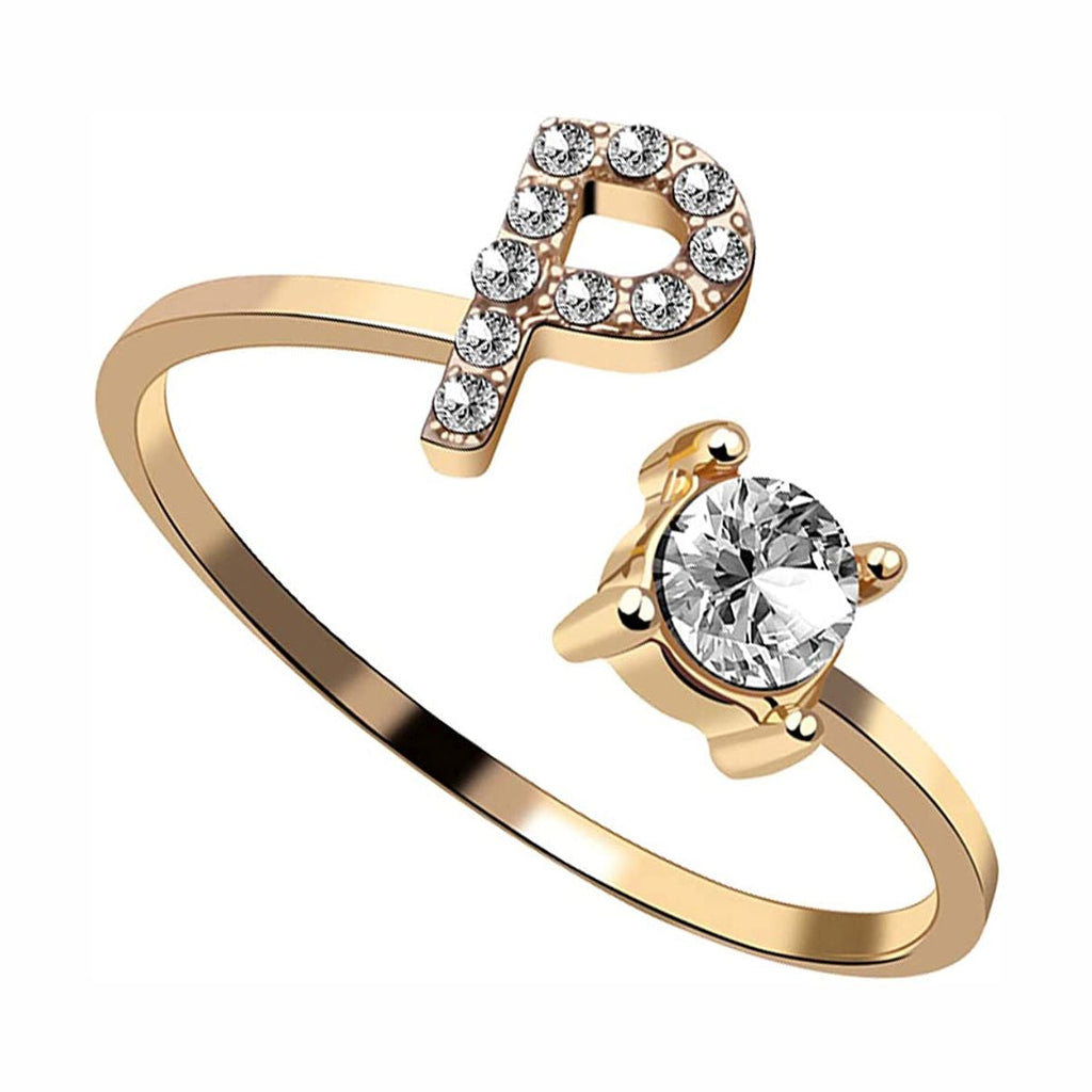 Initial Letter Cubic Zirconia Gold Copper Free Size Ring Women Bulk