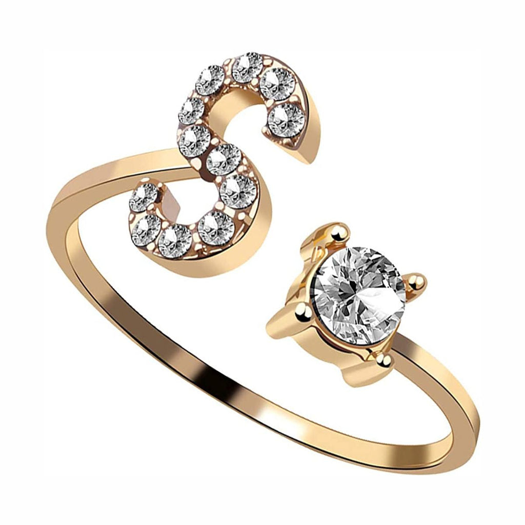 Initial Letter Cubic Zirconia Gold Copper Free Size Ring Women Bulk