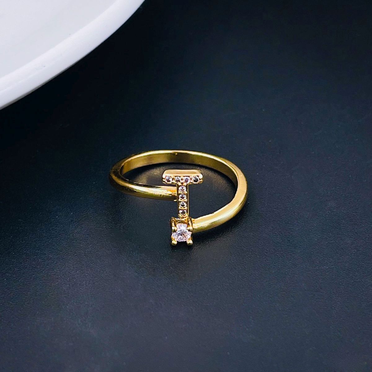 Initial Letter Cubic Zirconia Gold Copper Free Size Ring Women Bulk