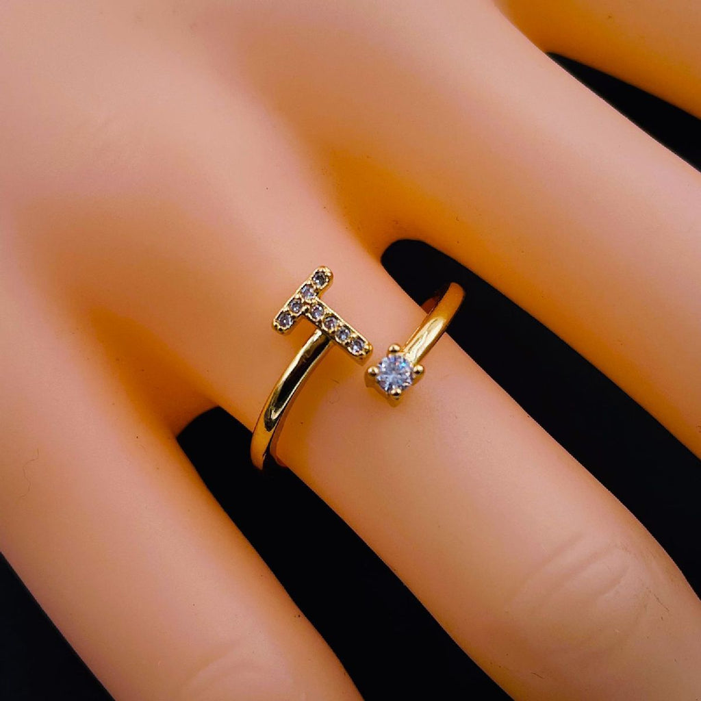 Initial Letter Cubic Zirconia Gold Copper Free Size Ring Women Bulk