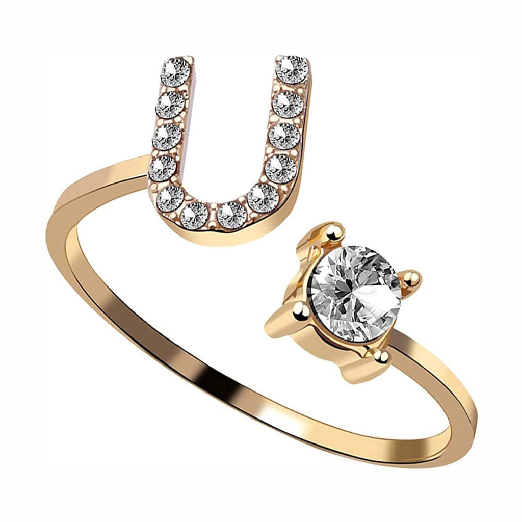 Initial Letter Cubic Zirconia Gold Copper Free Size Ring Women Bulk