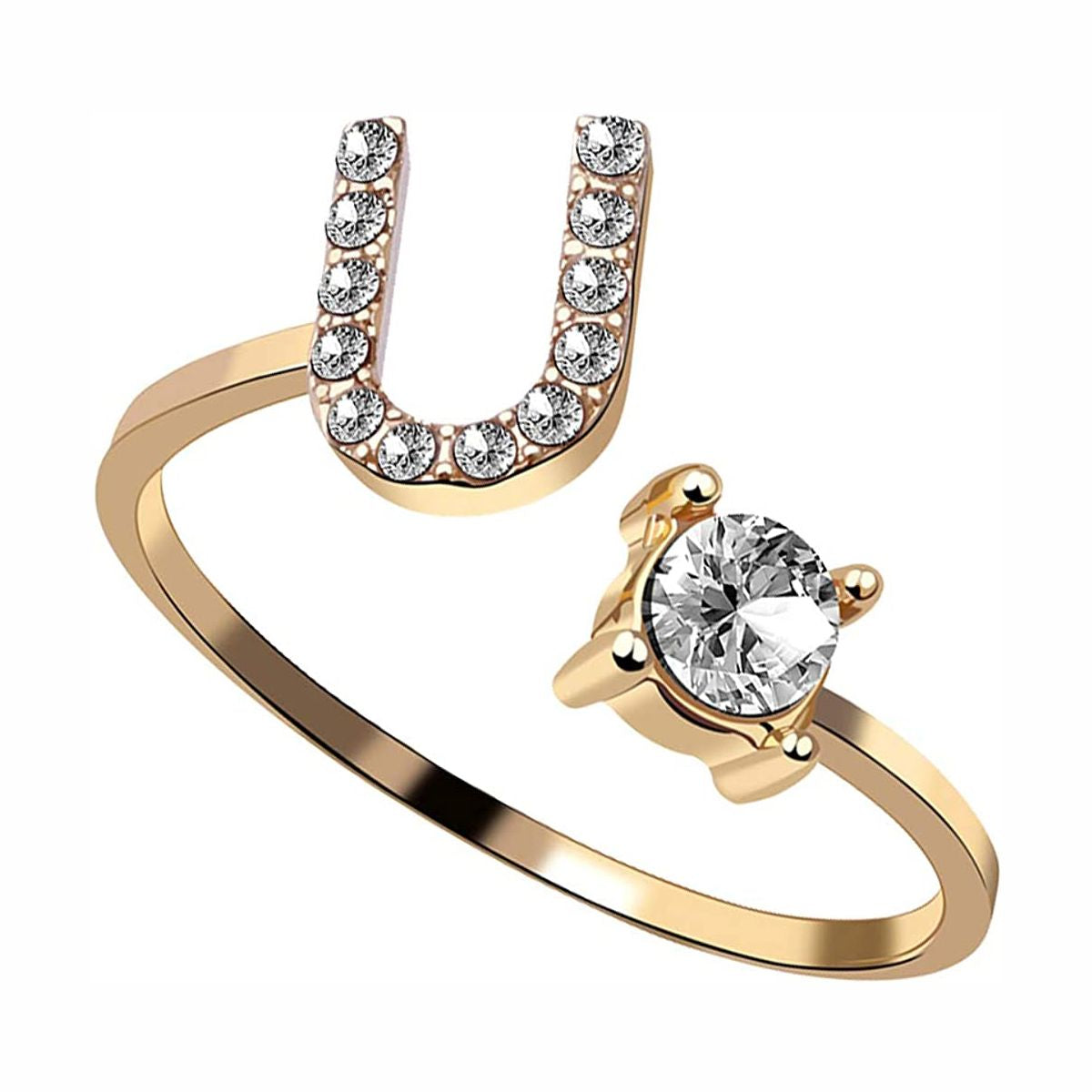 Initial Letter Cubic Zirconia Gold Copper Free Size Ring Women Bulk