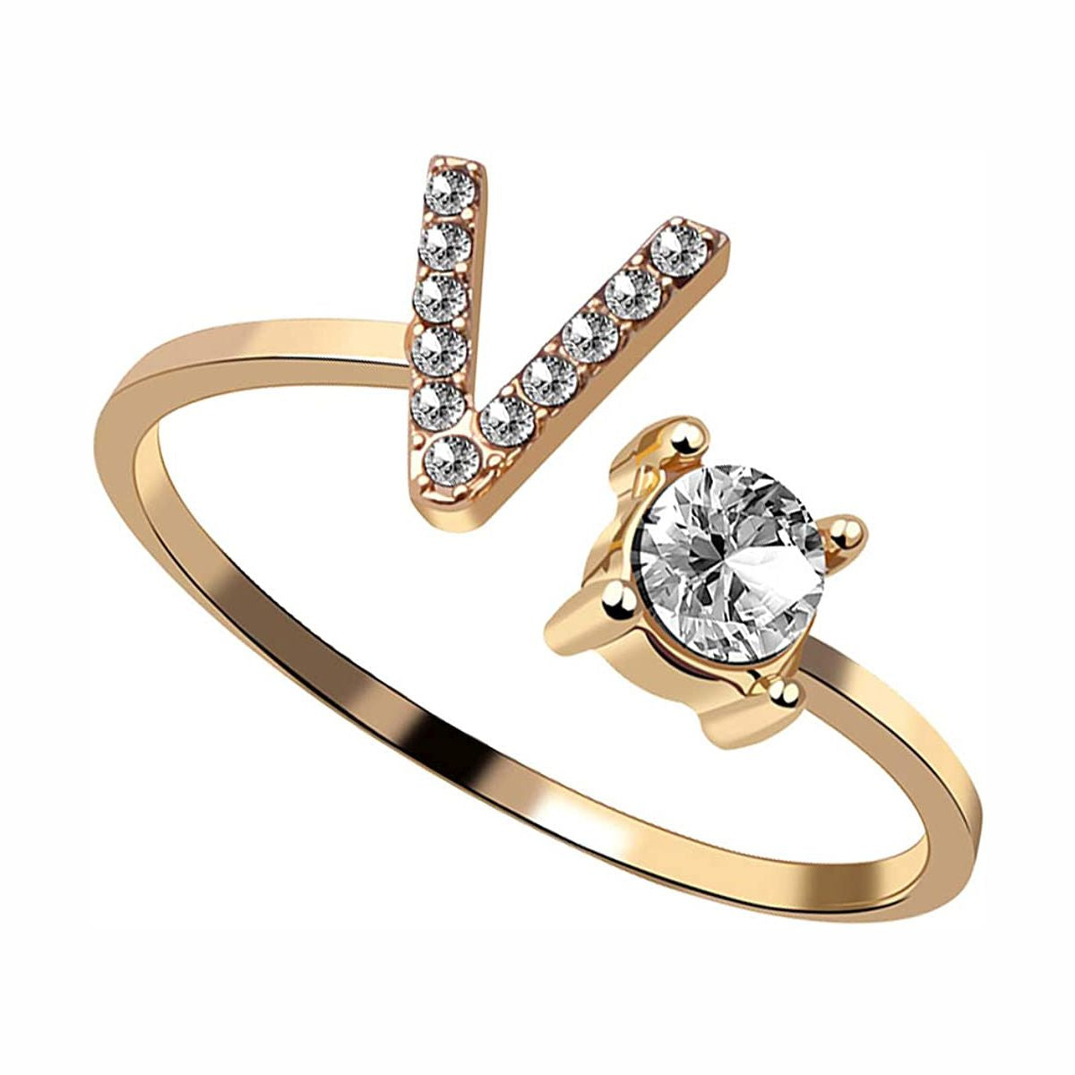 Initial Letter Cubic Zirconia Gold Copper Free Size Ring Women Bulk