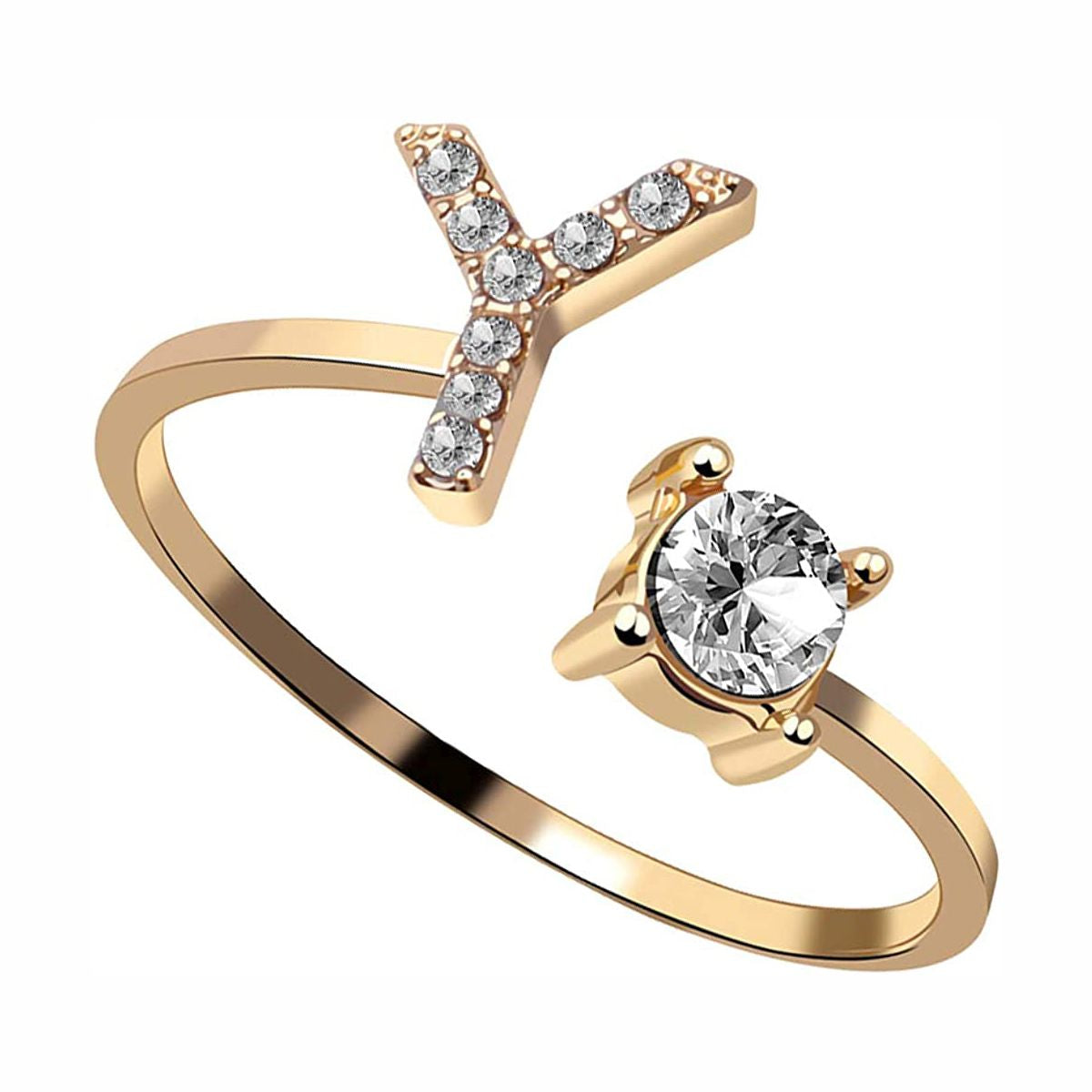 Initial Letter Cubic Zirconia Gold Copper Free Size Ring Women Bulk