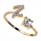 Initial Letter Cubic Zirconia Gold Copper Free Size Ring Women Bulk