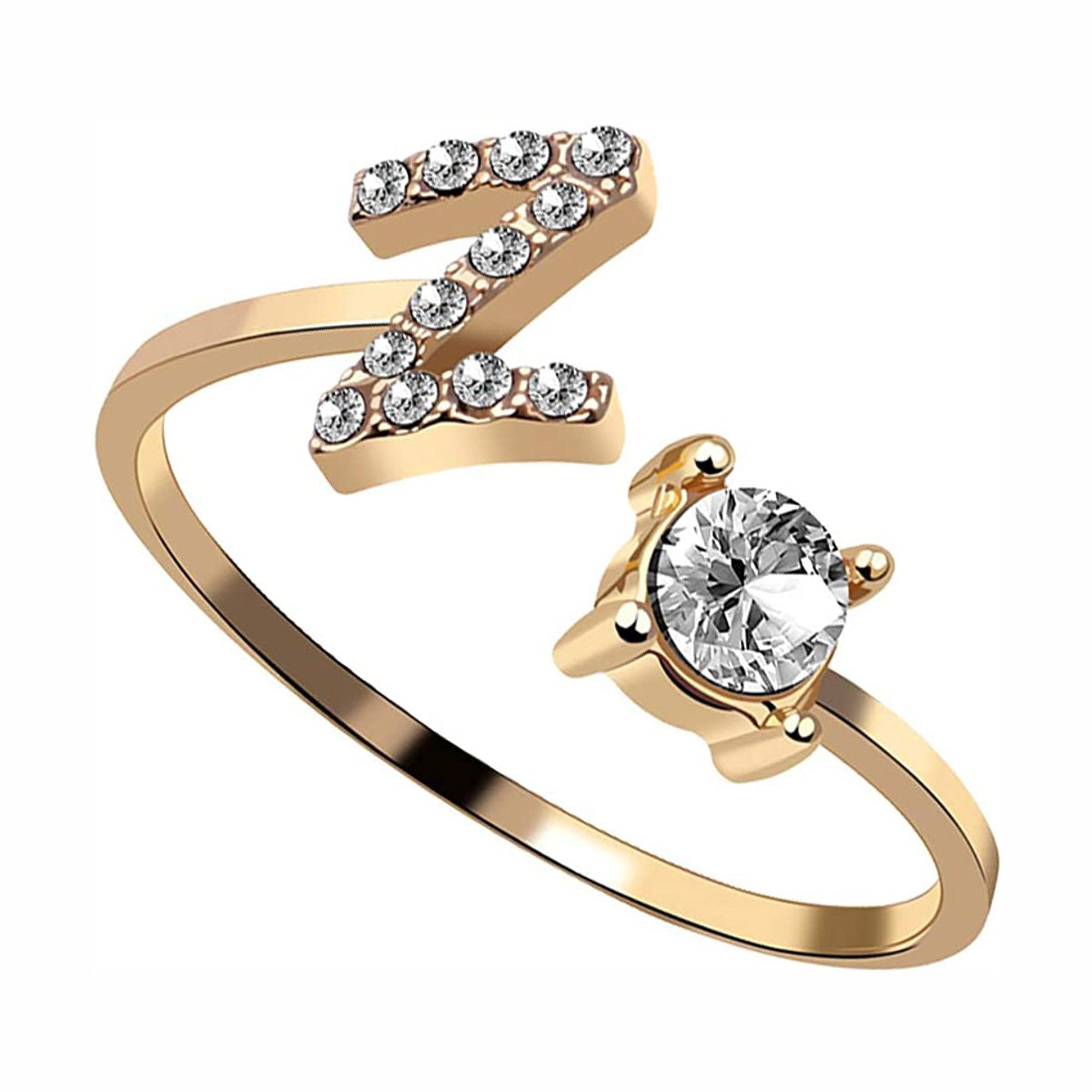 Initial Letter Cubic Zirconia Gold Copper Free Size Ring Women Bulk