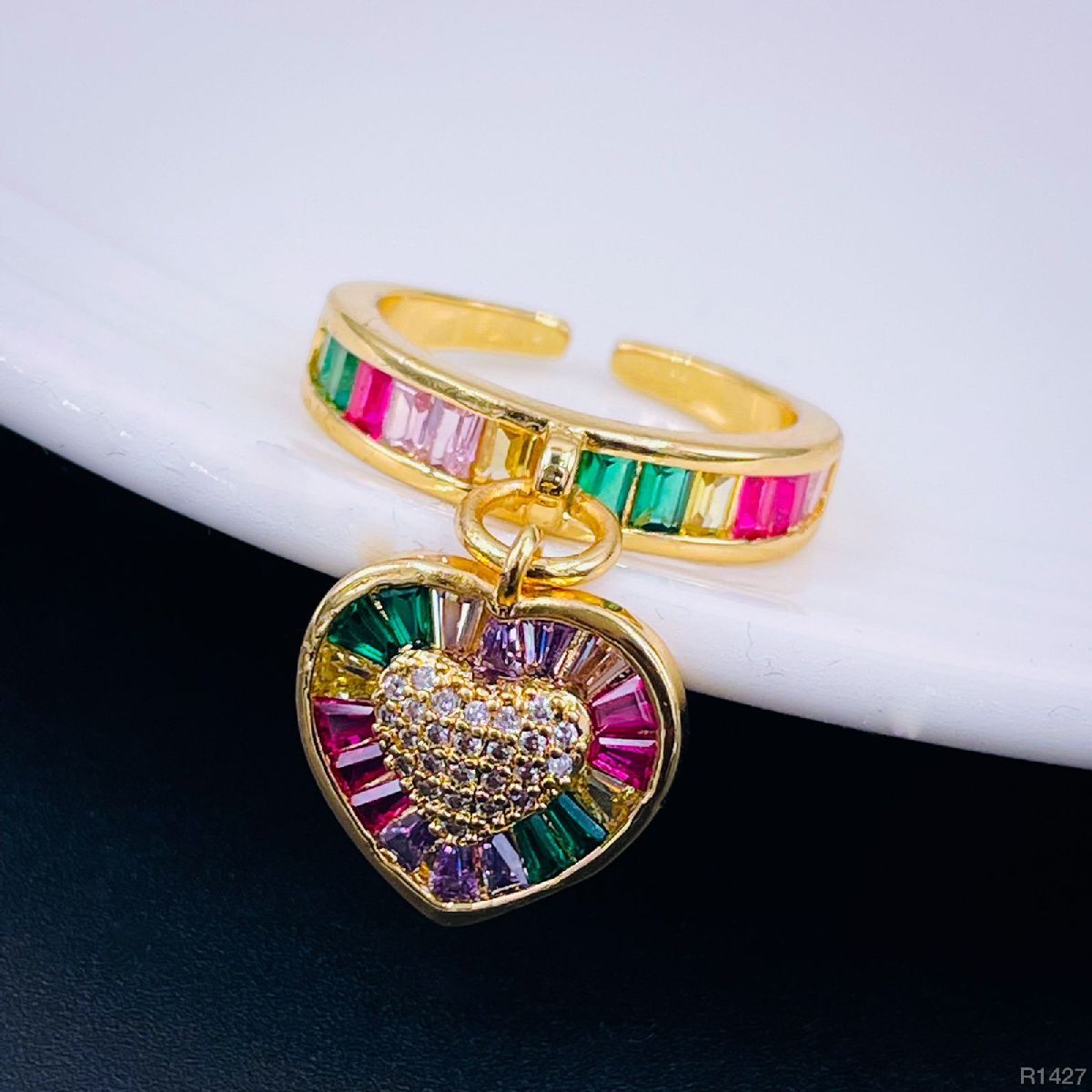 Heart Love Rainbow Multi Color Baguette 18K Gold Open Back Ring Bulk