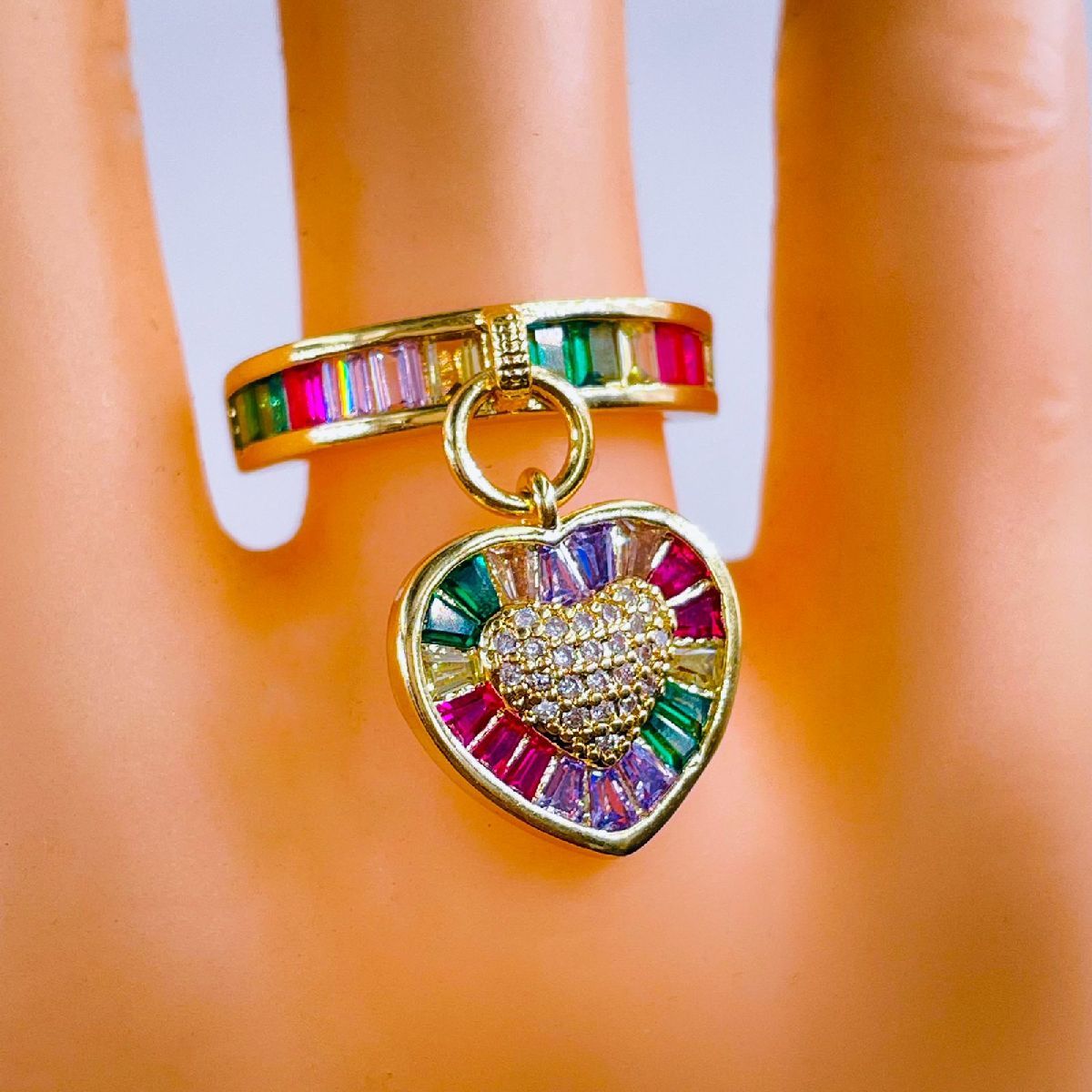 Heart Love Rainbow Multi Color Baguette 18K Gold Open Back Ring Bulk