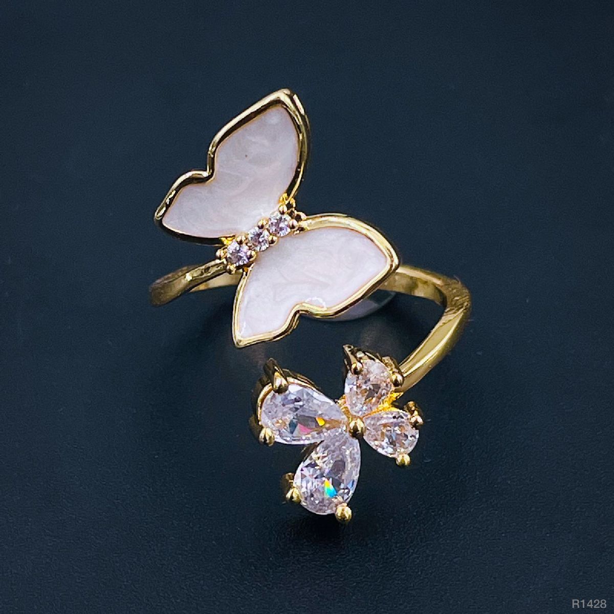 Butterfly Flower Mother Of Pearl Zircon 18K Gold Adjustable Ring Bulk Main image