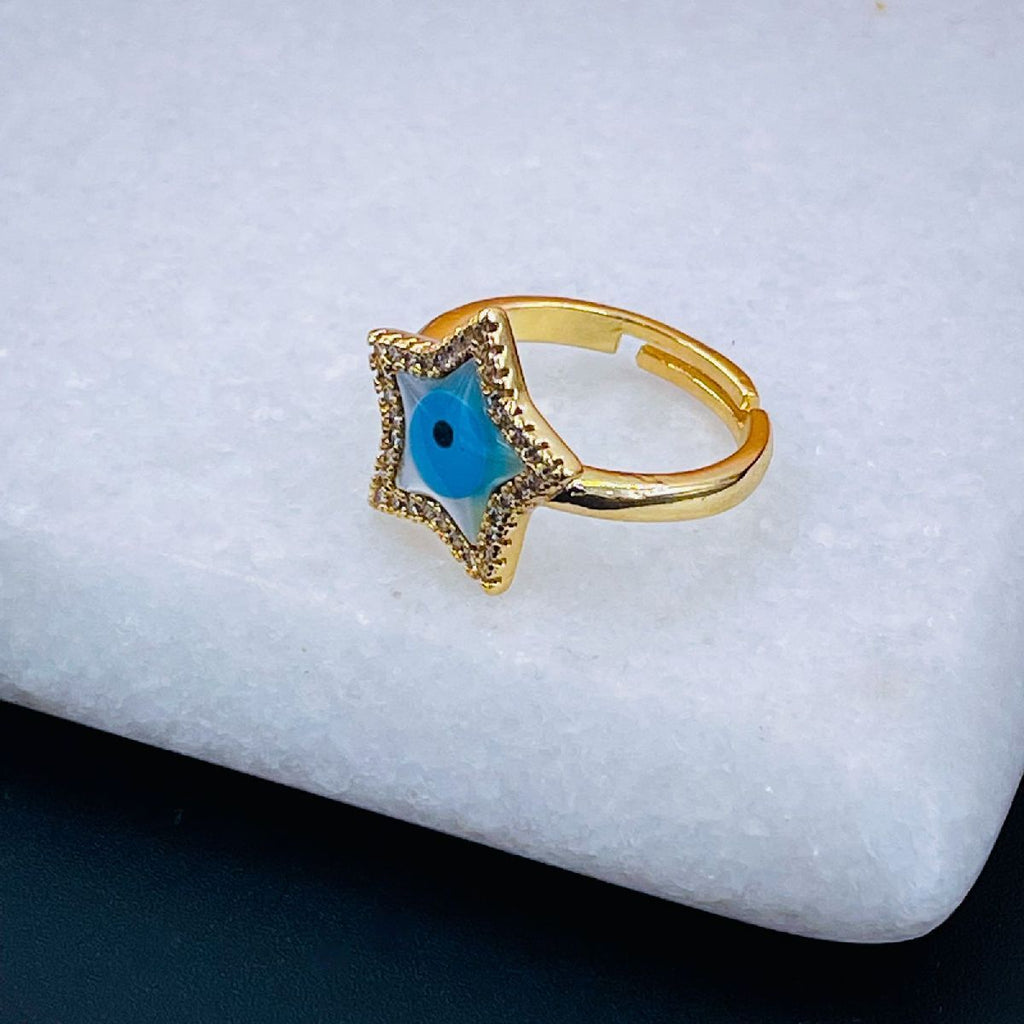 Star Evil Eye Mother Of Pearl Gold Cubic Zirconia Adjustable Ring Bulk