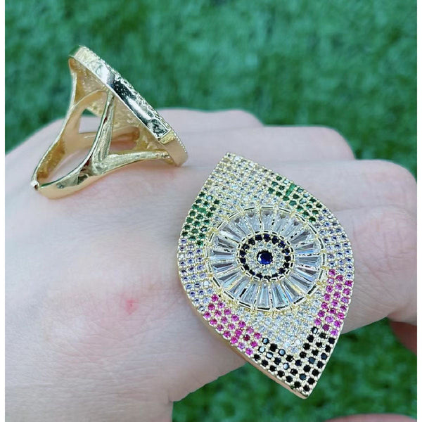 Large Evil Eye Rainbow Gold Anti Tarnish Copper Open Back Ring Bulk Main image