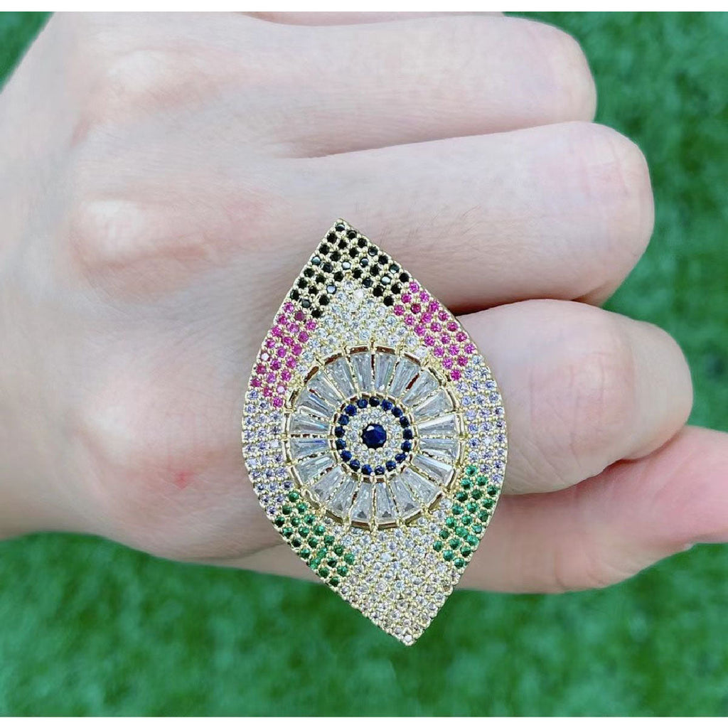 Large Evil Eye Rainbow Gold Anti Tarnish Copper Open Back Ring Bulk