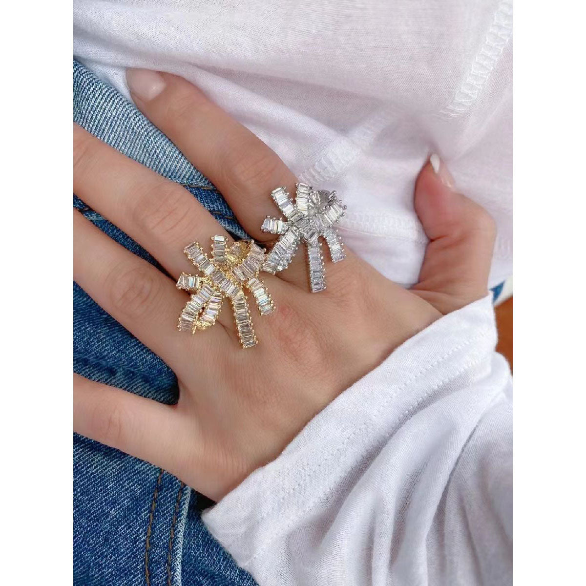 Ribbon Baguette CZ 18K Gold Anti Tarnish Copper Free Size Ring Bulk Main image